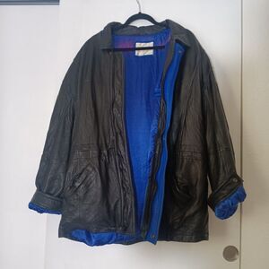 Overland Vtg 80/90's Men XL Bomber Jacket 100% Leather, Electric Blue Satin Rare
